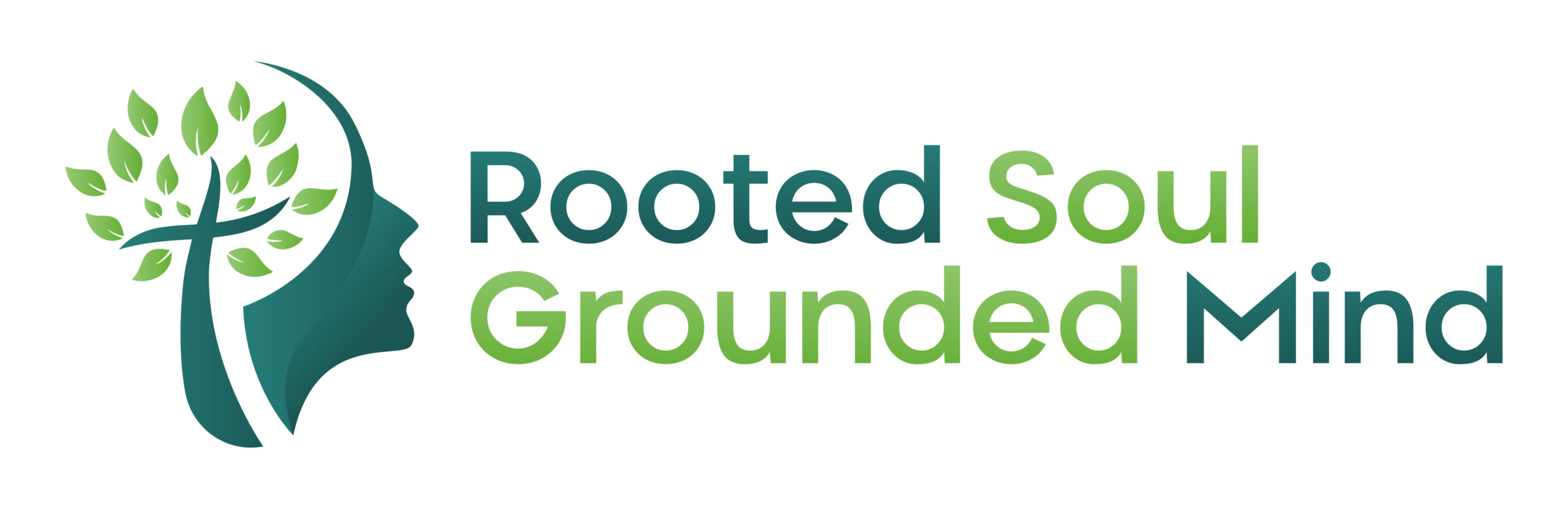 Rooted Soul, Grounded Mind business logo features a blue tree trunk in the shape of a cross with green leaves at the top inside the mind of a silhouette of a woman