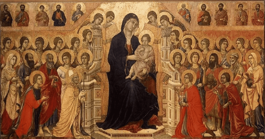 Catholic saints surrounding Mary and baby Jesus